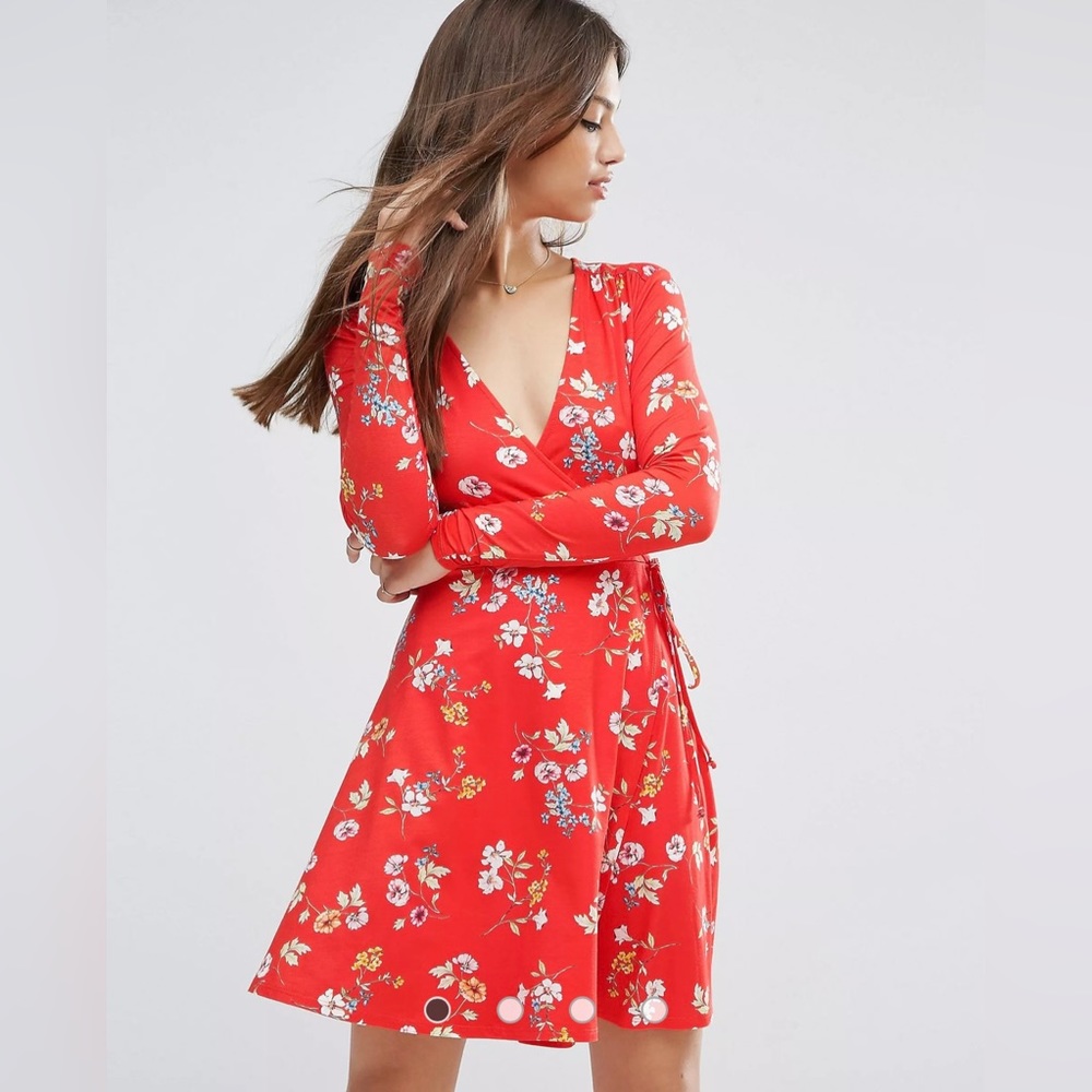 ASOS Wrap Tea Dress With Long Sleeves In Floral Print